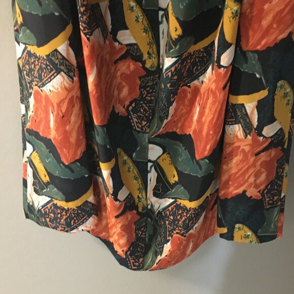 Vintage 80s Union Made Orange and Green Abstract Button Waist Pleated Midi Skirt - Picture 6 of 14